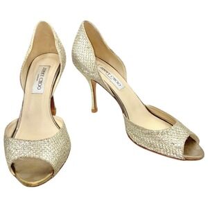 Jimmy Choo Logan Glitter D'Orsay Peep Toe Heels 38.5 Silver Gold Event
